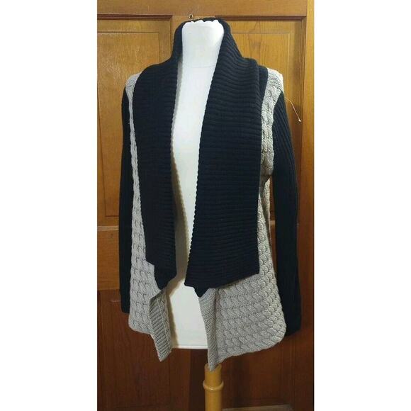 LABEL + Thread Women's Merino Wool Cardigan Open Front Black Tan Heavy Grunge - Picture 2 of 9